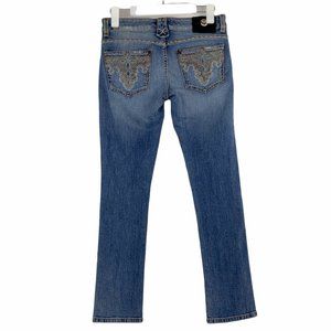 Antik Denim Embellished Embroidered Stretch Denim Slim Straight Low Rise Jeans